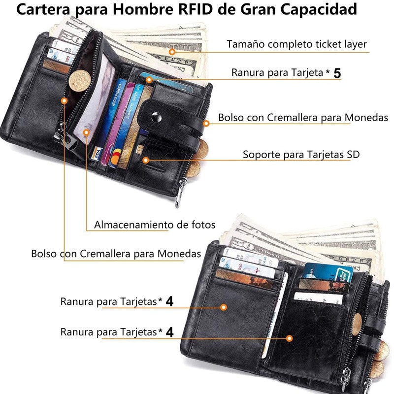 Billetera para Hombre Piel, Plegable Cartera Rfid Hombre, Antirrobo, para