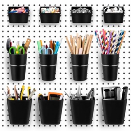 Jinei 12 Pcs Pegboard Bins Pegboard Cups with Hooks and Loops Peg Assortment Organizer Accessories Various Tool Organizer Pegboard Baskets Set for Garage Workshop Workbench Office(Black)
