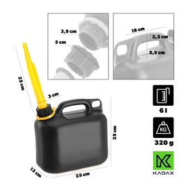 KADAX Fuel Canister, Petrol Can with Funnel, Reserve Canister for Petrol, Diesel and Other Hazardous Goods, Plastic Canister, Replacement Canister, Fuel Canister (6 L Black)