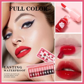 Eakroo 10 Colors Lip Stain Tint Set, Korean Lip Gloss Watery Lip Stain Set, Natural Moisturizing Korean Lip Tint, High Pigment, Long-Lasting, Non-Stick Cup, Vivid Color, Lip Tint Makeup (Set A, Large)