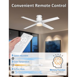 Flybull Ceiling Fans with Lights Flush Mount, 52 Inch Low Profile Ceiling Fan with Light, 4 Blades, 6 Speeds, Timer, Ceiling Fans with Lights and Remote for Bedroom Indoor (White)