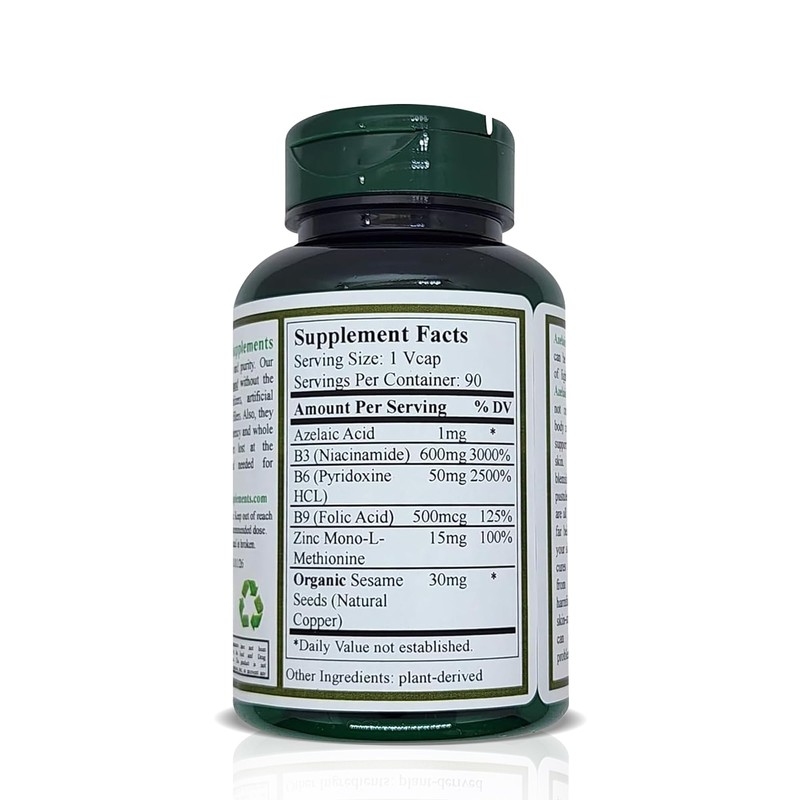 Green Organic Supplements Acne, Azelaic Acid, 90 VCaps, High Absorbable,