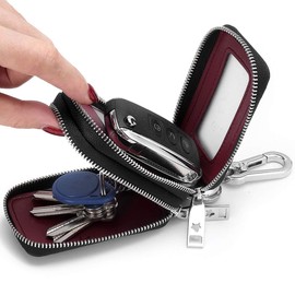 Aileder Car Key Case Genuine Leather Car Key Wallet Keychain Holder with Metal Hook and Window, Double Zip Pocket for Car Fobs and House Keys, black, Classic