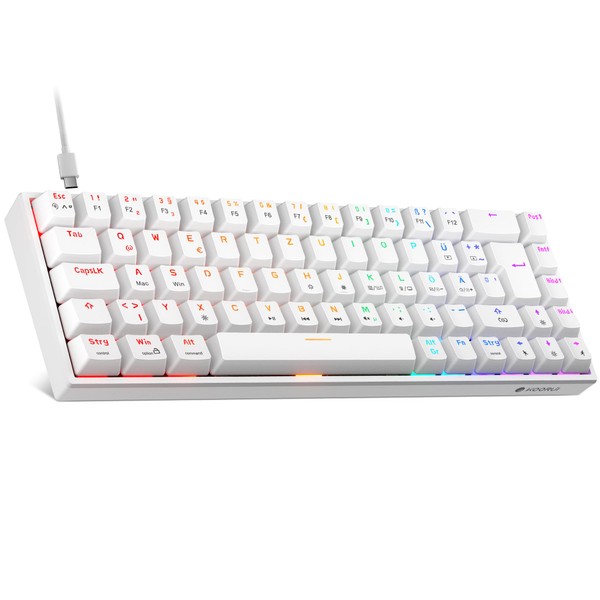KOORUI Mechanical Keyboard, 60% Gaming Keyboard with 12 Keys, Multifunctional Button, USB Cable, Full Key Rollover, German Layout, QWERTZ for Windows, MacOS, Linux, Red Switch, White