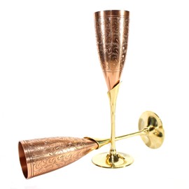 Stonkraft Engraved Brass Goblet Champagne Glasses Flutes Coupes Wine Glass Set (Slender Copper)