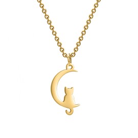 Flongo Cat Moon Necklace for Women: Gold Silver Cat on the Moon Crescent Kitten Pendant Stainless Steel Adjustable Cute Classic Chain