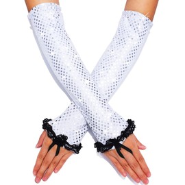 GEMILY Fingerless Rave Gloves Opera Sequin Gloves for Women(Silver)