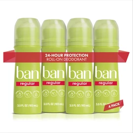Ban Invisible Roll-on Antiperspirant Deodorant for Women and Men, 24-hour Underarm Odor & Sweat Protection, Regular Scent, 3.5 Oz, Pack of 4