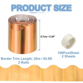 PATIKIL 2 Rolls Bulletin Board Borders, 131.2ft Laser Gold Border for Bulletin Board with Clear Sticky Dots Scalloped Trim for Office Party Classroom Decorations