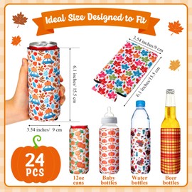 Potchen 24 Pcs Thanksgiving Can Coolers - 12 oz Fall Can Cooler Sleeves Neoprene Slim Beer Can Cooler Sleeves Pumpkin Bottle Insulator for Thanksgiving Party Favors Gifts Decor Supplies