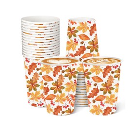 100Pcs Fall Leaves Paper Cups 9 oz Maple Leaf Disposable Coffee Cups for Autumn Thanksgiving Harvest Party Supplies