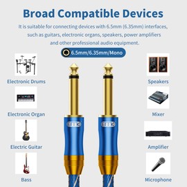 EMK 6.35 Guitar Cable, Mono 6.35mm Audio Cable 6.35mm Instrument Cable Nylon Braided Male to Male TS Cable for Electric Bass, Speakers, Amplifiers etc (1.5m)