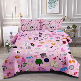 BELVED MIME Girls Pink Pop Music Theme Comforter Set Queen Bed in A Bag Bedding Set Taylor Merch Gifts for Music Singer Lovers Friends