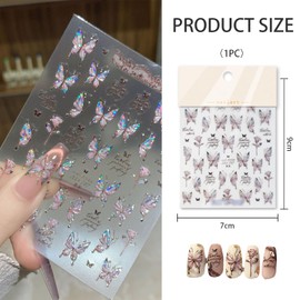 TELAIN 5D Relief Nail Stickers Butterfly Nail Art Glitter Laser Butterfly Nail Stickers 1 Sheet DIY Manicure Decoration for Women & Girls Spring Summer Nail Art