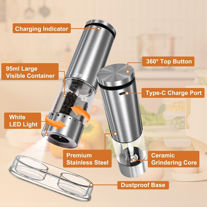 Electric Salt and Pepper Grinder Set Rechargeable, Automatic Salt and