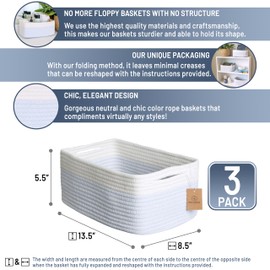 NaturalCozy 13.5”x8.5”x5.5” Rectangle Storage Baskets for Shelves 3 Pack | Cotton Rope Woven Small Baskets for Organizing | Small Storage Bins for Nursery, Bathroom, Closet, Shelf, Decorative