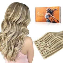 DOORES Hair Extensions Clip in Human Hair, Light Brown Highlighted Medium Blonde 14 Inch 110g 7pcs, Seamless Clip in Hair Extensions Real Human Hair Natural Straight Hair Remy Hair