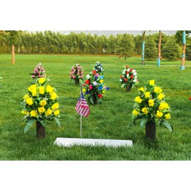 LVXINLI 2 Sets Artificial Cemetery Flowers,Outdoor Grave Decorations Roses,Beautiful Arrangements Bouquet with Cemetery Vase,Lasting and Non-Bleed Colors (Yellow)