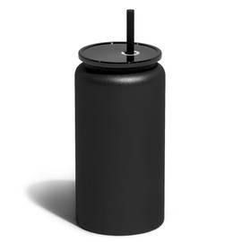 UIRZOTN Glass Cups With Lids and Straws, 16oz Stainless Steel Beer and Iced Coffee Cup, Smoothie Drinking Glass, Black (Textured Matte Finish, Not Sublimatable)