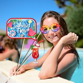Kristin Paradise 25Pcs Beach Photo Booth Props with Stick, Pool Theme Selfie Props, Summer Birthday Party Supplies, Swimming Photography Backdrop Decorations