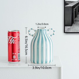 Blue and White Ceramic Vase, Mid Century Modern Striped Small Vases for Flower&pampas Grass Centerpiece, Blue White Checkered Vase for Dining Table Kitchen Tabletop Minimalist Decorative