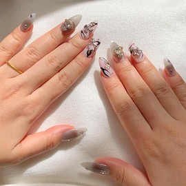 GlimightyX Handmade Press on Nails Medium Almond,Thick Sturdy Cat Eye Design Fake Nails Kit, Reusanle Cute Nails 10 Pcs, Size M,Punk Elegance