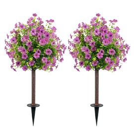 36" Artificial Boxwood Topiary Ball Tree with Ground Spike for Outdoor, 2Pack UV Resistant Faux Greenery Shrubs with Violet Flowers Plants for Garden Yard Front Porch Patio Decor, Light Purple
