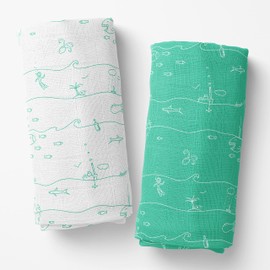 kiwicado Set of 2 Premium Baby Swaddling Cloths Muslin Cloth 120 x 120 cm Muslin Swaddle Blanket Baby Bamboo Cotton Maritime, Sea, Travel, Anchor, Travel Family
