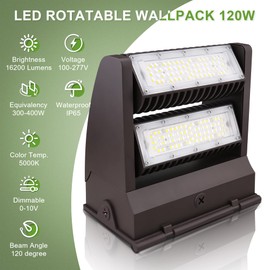 Rotatable LED Wall Pack Light 120W(500W MH Equiv.) 5000K 16,200 lumens, Adjustable Head LED Wall Pack - Great for Area Light, Warehouse, Industrial and Commercial Use (120W)