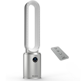 Comfort Zone Tower Fan for Bedroom, 40 inch Bladeless Stand Fan with Remote Control, 9H Timer, Wide Area Oscillation, Push Button Digital Display, 3 Speed Home Floor Fan, Silver