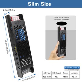 LED Driver 12V 150W 12.5A Slim LED Power Supply, AC 100-250V to 12V DC Adapter, Constant Voltage LED Transformer for Strip Lights, Bulbs, Garden and Cabinet Lights