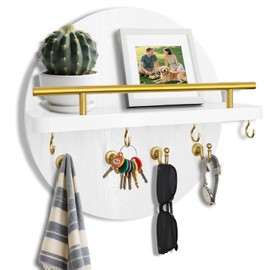wyzqyam Key Holder Wall Mount with Shelf and Hooks, 11.8 Inch Entryway gold Key Rack Hanger, Rustic key holder for wall Decor (White)