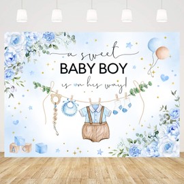 Withu Boy Baby Shower Backdrop Watercolor Blue Floral Flowers Leaves Boy's Clothes A Sweet Boy is On The Way Newborn Themed Party Decorations Banner Photography Background 7x5ft