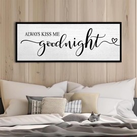 Always Kiss Me Goodnight Wall Sign 32''×12'' Vintage Master Bedroom Above Bed Farmhouse Wooden Framed Family Wall Decor for Larg Couples Over Bed Wall Art Decoration (Black)