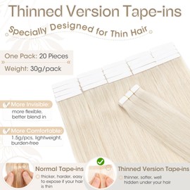Elailite Tape in Hair Extensions Real Human Hair 20 Pcs Blonde Invisible Thin Type - Skin Weft Remy Hair (#70 Bleach White, 20 Inch-30g)