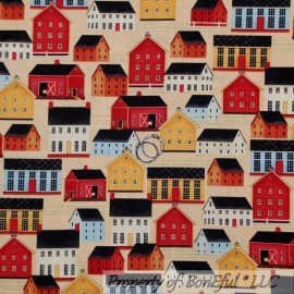 Windham Fabrics BonEful Fabric FQ Cotton Quilt Yellow Town Barn Farm House Scenic School Antique