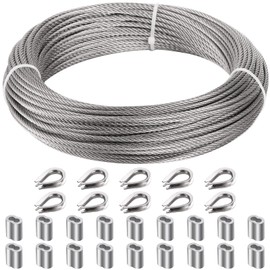 Okllen 1/8" (3MM) Wire Rope, 100FT Stainless Steel Cable, 7x7 Strand Core Metal Wire Cable with 18Pcs Aluminum Crimping Sleeves and 10Pcs Thimbles for Deck Railing Stair Handrail Balusters Clothesline | Okllen