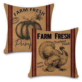 Vintage Farmhouse Fall Throw Pillow Covers 18x18 Set of 2 Autumn Thanksgiving Turkey Retro Farm Fresh Pumpkin Burlap Home Decor Red Stripe Throw Pillow Case Cushion Cover