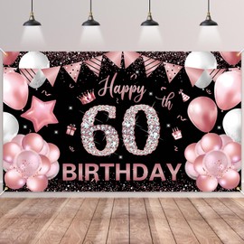 60th Birthday Backdrop Banner,BTZO Happy 60th Birthday Decorations,Rose Gold and Black Birthday Fabric Photo Backdrop Background for Men Women 60th Birthday Anniversary Party Decor,180×110cm