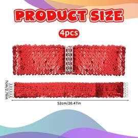 4 Pcs Glitter Sequin Belt, Wide Waist Elastic Belt Disco 70s 80s Metal Buckle Belts Clothing Accessories for Women Girl Bridal Dance Party Dresses Costume (Gold,Silver,Black,Red)