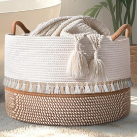 Quincunx Large Cotton Rope Basket (20"x13") - Premium Storage Solution for Blankets, Laundry, and Toys in White/Brown