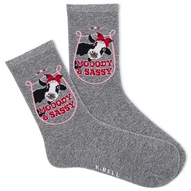 K. Bell Women's Funny Animal Crew Socks-1 Pairs-Cool & Cute Wordplay Novelty Gifts, Mooody & Sassy (Gray Heather), 4-10