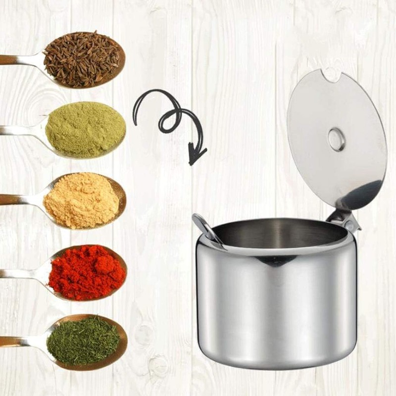 Stainless Steel Sugar Bowl Spice Pot Sugar Canister with Spoon