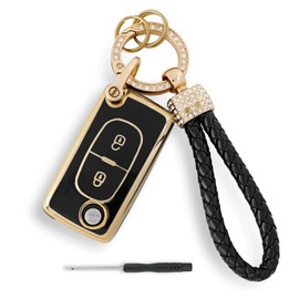 TPU Car Key Cover For Peugeot 308 207 307 3008 5008 807 Expert Partner and Citroen C3 Picasso C-Crosser C2 C3 C4 2 Buttons Car Key Fob (Black) with Screwdriver and Diamond lanyard