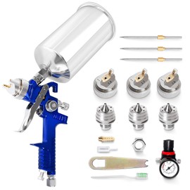AICARS HVLP Spray Gun Kit with 1.4mm/ 1.7mm/ 2.0mm Nozzles High Performance Paint Gun Large Capacity 1000cc Aluminum Cup with Pressure Gauge for Auto Paint, Base-coats, Clear-coats and Primer-Blue