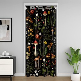 Cute Mushroom Door Curtain Wild Flowers Jungle Plants Decor Doorway Curtain for Closet Door Natural Moth Snail Rustic Style Door Drape for Bedroom Privacy 1 Panel 52" W X 80" L