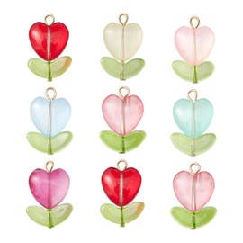 Stiesy 50Pcs Random Color Flower Glass Charms Pendants Heart Flower Lampwork Charm Floral Love Heart Dangle Charms for DIY Valentine's Day Gift Jewelry Making