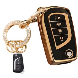 Rilnaewn Soft TPU For Toyota Key Fob Cover With Keychain Accessory Fits For Toyota Fortuner tundra Camry RAV4 Highlander Corolla Smart Keys (4-Button-Black)