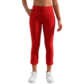 JAMfit Women's Pull-On Capri Pants Stretch High Waist Dressy Casual Cropped Pants with Pockets Red
