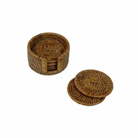 Rattan Round Coaster and Holder Set in Natural - Set of 6 Coasters and 1 Napkin Holder